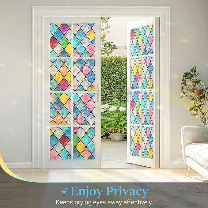 Haton Stained Glass Window Film, Rainbow Window Privacy Film, Decorative Sun Blocking Glass Clings Stickers, Static Cling Colorful Lattice Coverings Decals for Home Door 17.5" x 78.7"