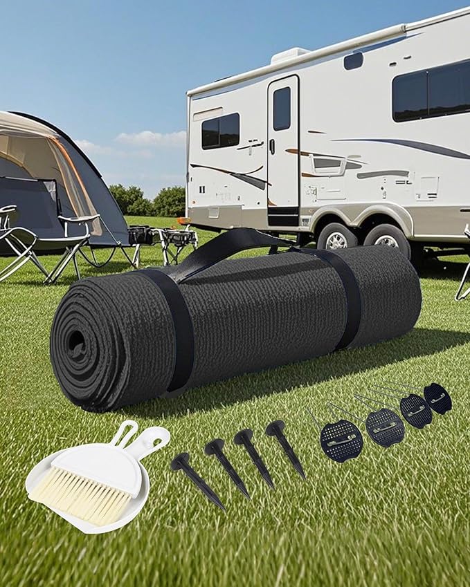 FoundGo Awning Carpet HDPE Camping Outdoor Rug with Eyelets,Nails,Broom,for RV,Patio,Backyard,Picnic,Beach,Trailer 8'*16' (2.44 * 4.88m) -Black