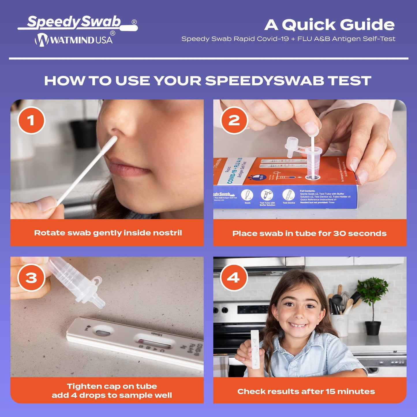 SpeedySwab COVID-19 and Flu A&B, 3-in-1 Antigen Rapid Combo Test, Results in 15 Minutes, FDA Authorized, At-Home Flu and COVID Test Kit, Easy to Use Nasal Swab (2 Pack)