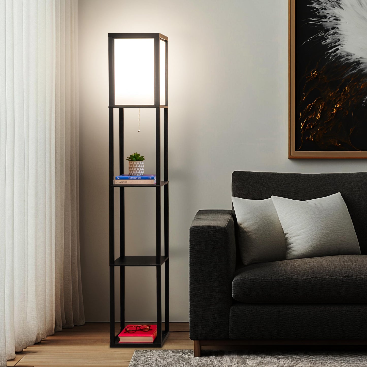 Brightech Maxwell Modern Shelf Floor Lamp, Led Bulb, Classic Black, Regular Size, Wood, Perfect For Living Room, Bedroom, Office