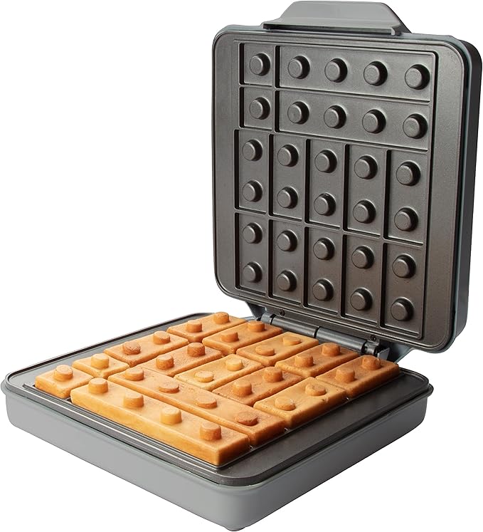 Building Brick Electric Waffle Maker- GREY with 2 Construction Eating Plates- Cook Fun Buildable Gingerbread Man Waffles in Minutes- Revolutionize Breakfast - Stack & Build on Serving Dishes Xmas Gift