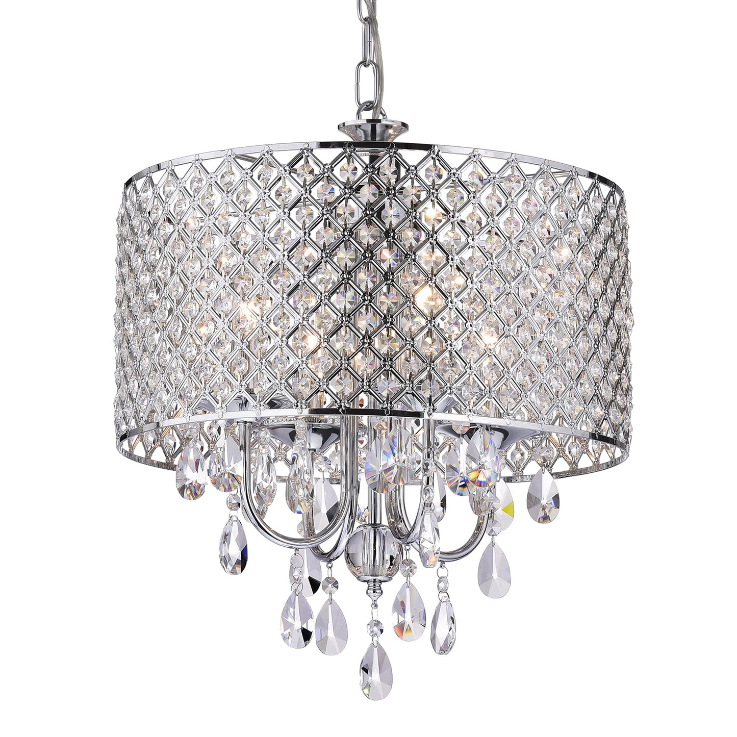 Edvivi Chrome 4-Light Round Crystal Chandelier Ceiling Fixture, Beaded Drum Shade, Model Epg801Ch