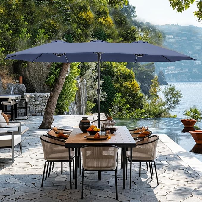 GREEN PARTY 15 ft Rectangle Patio Umbrella with Base Included, Double-Sided Table Umbrella with Crank, Large Outdoor Umbrellas for Patio Poolside Garden Backyard, Navy Blue