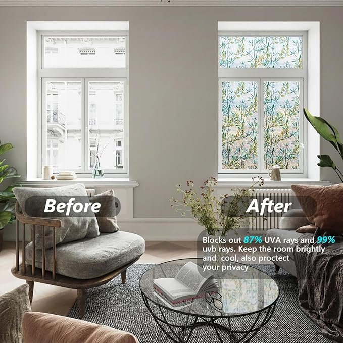 Finnez Window Privacy Film 3D Static Cling Window Film, No Glue Heat Control & 96% UV Blocking for Home Office, Decorative Frosted Glass Cover 35.4 Inch x 26.2 Feet