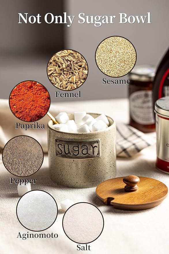 LYEOBOH 15OZ Sugar Bowl, Sugar Dish, Rustic Sugar Container with Wood Lid and Spoon for Coffee Bar, Dishwasher Safe, Stainless Steel Spoon - Farmhouse Kitchen Decor Housewarming Gift, Beige