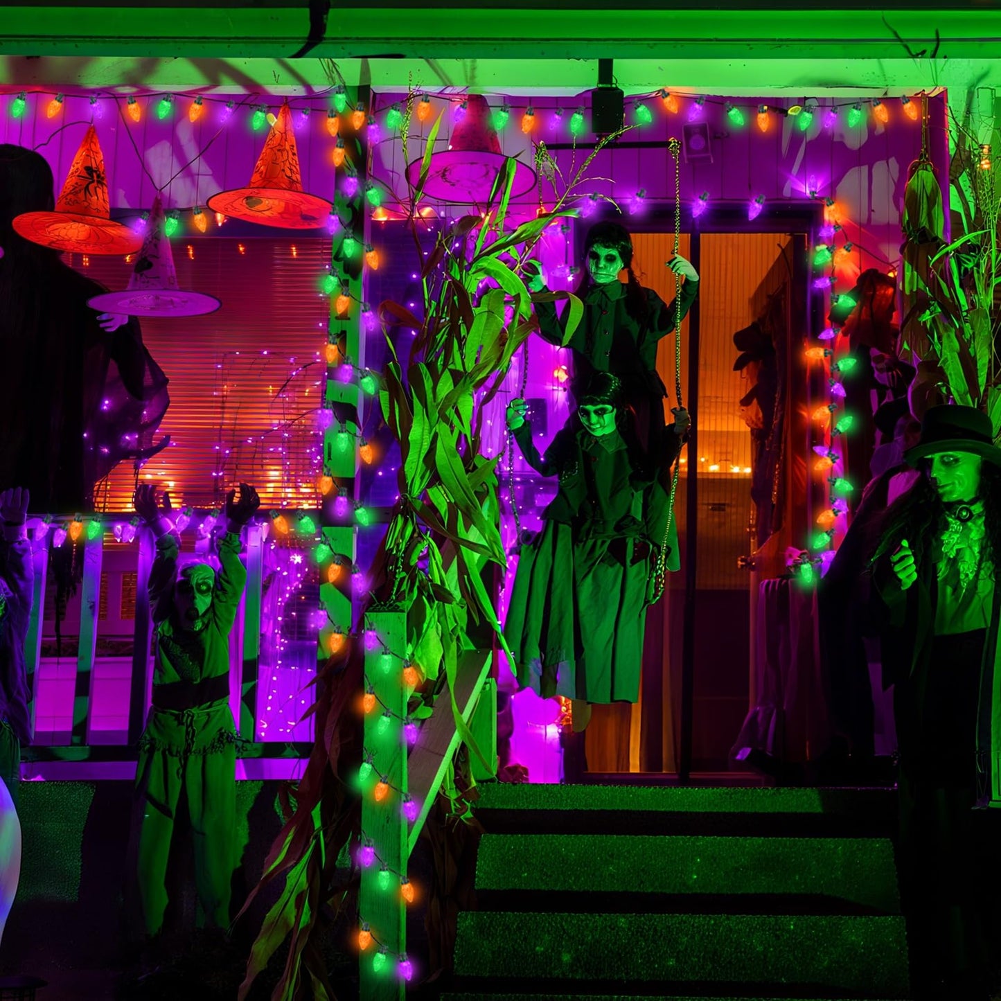 Kaq 2Pk 100Led Orange Purple And Green C9 Halloween Lights Waterproof Indoor Outdoor  Extendable 98Ft String Lights Plug In With 13 Lighting Modes  Halloween Decorations For Party  Outside Yard Decor