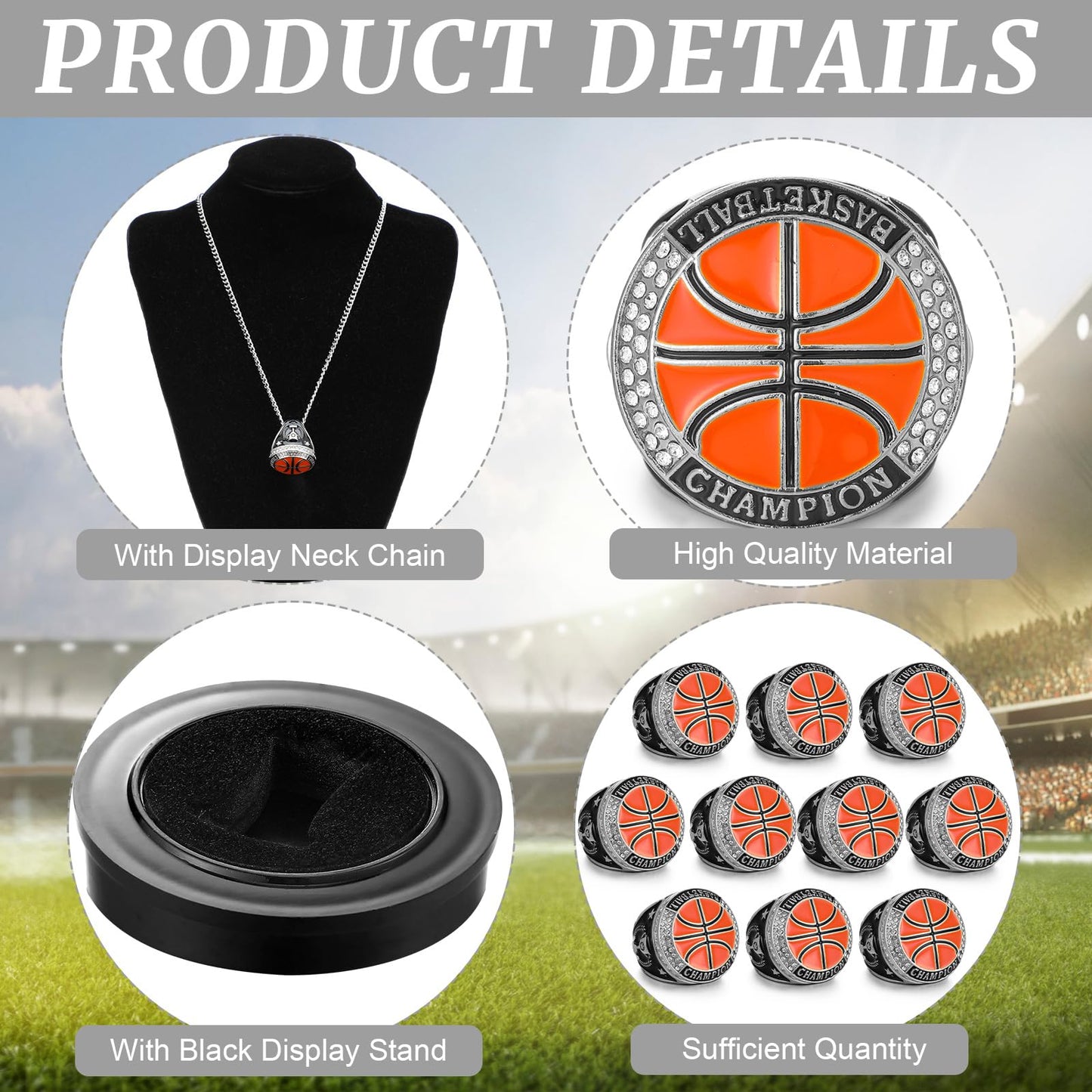 Highergo 10pcs Football Soccer Volleyball Baseball MVP Golf Championship Trophy Ring with Display Chain Stand Softball Basketbal