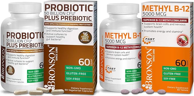 Probiotic 50 Billion CFU + Prebiotic with Apple Polyphenols & Pineapple Fruit Extract + Methyl B12 5000 mcg Vitamin B12 Methylcobalamin