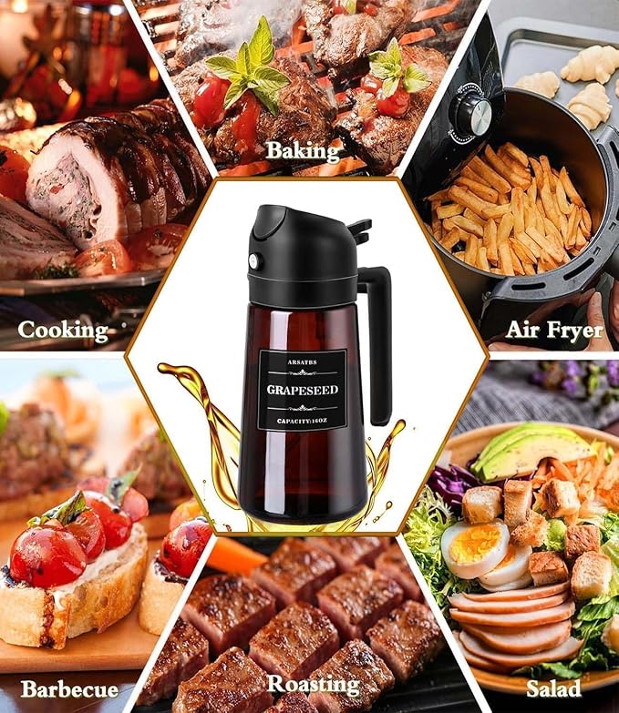 16oz/470ml Olive Oil Sprayer for Cooking, 2 in 1 Oil Dispenser Bottle Spray and Pour with Stickers, Premium Dark Brown Glass Oil Bottle for Air Fryer, and Salad