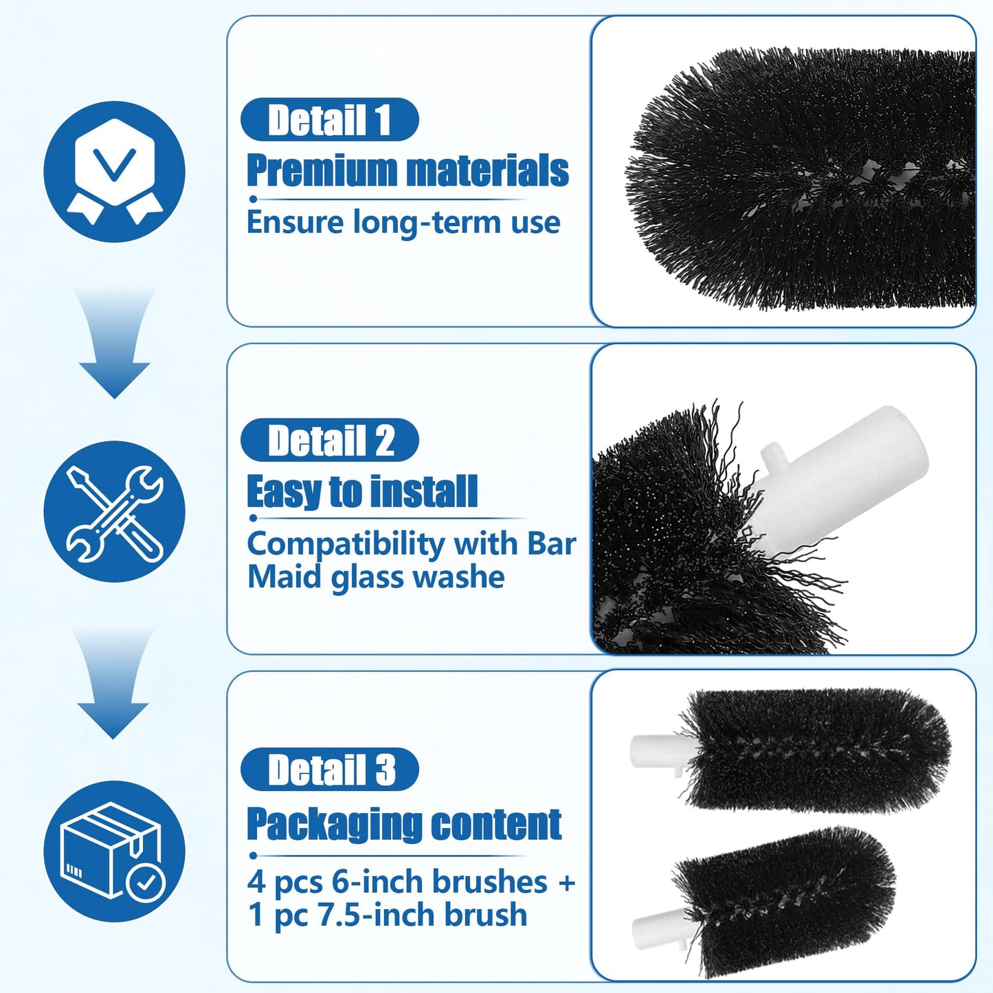 BRS-1722 Glass Washer Replacement Brush Set Part(4 pcs 6-inch Brushes +1 pc 7.5-inch Brush) Compatible with Bar Maid Glass Washer, Replacement SS-100, SS-101, A-200, A-205