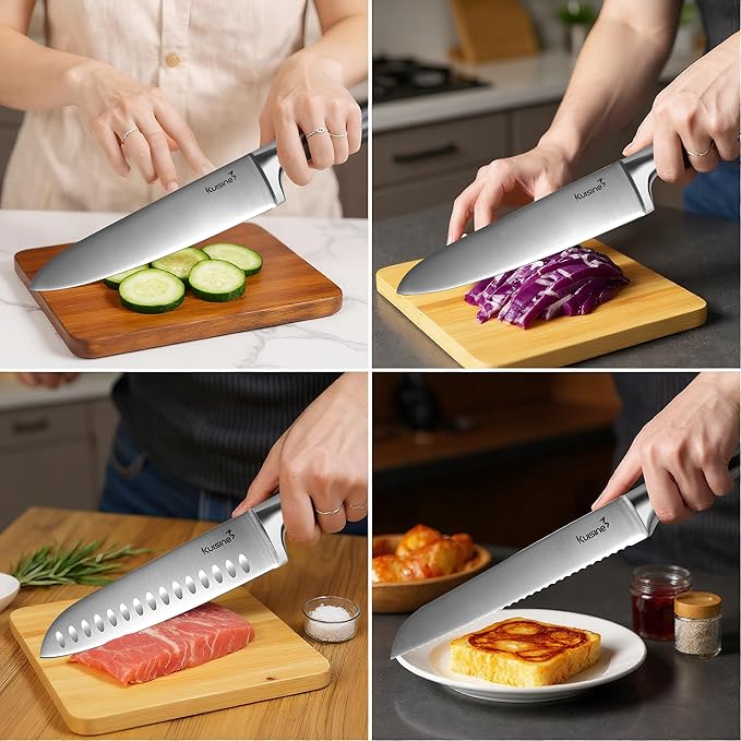 Kuisine Upgraded Sharp Chef Knife Set with block, One piece Molding High Carbon Stainless Steel Forged,Ergonomic Non-slip Handle Knife Block Set with built-in Sharpener(Silver Natural,15PCS)
