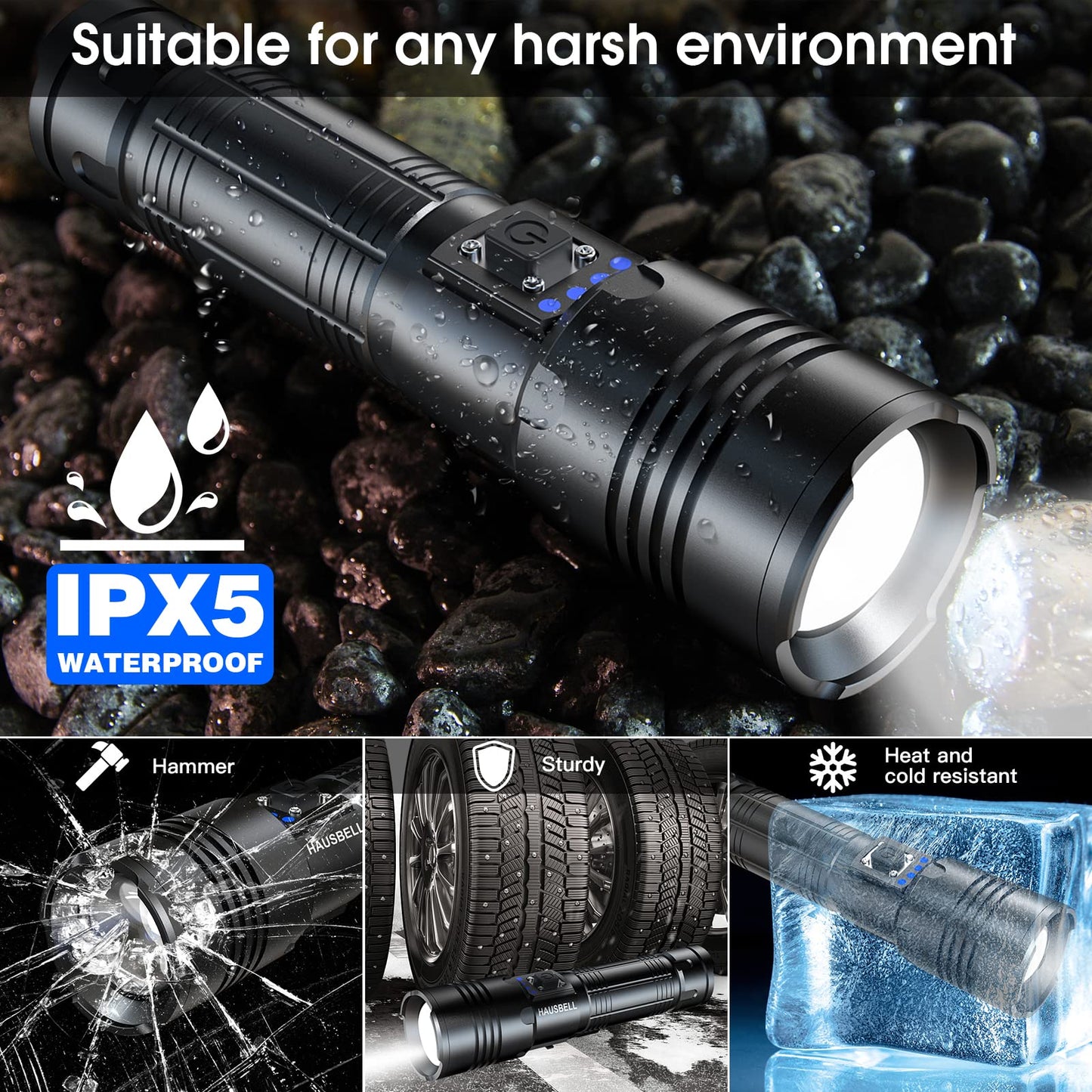 HAUSBELL A100 LED Flashlight, 20000 High Lumens, Zoomable, Waterproof, Tactical, Black, A100 Model