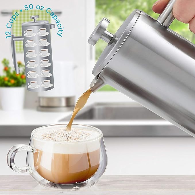 Belwares French Press Coffee Maker 50 Oz – Insulated Coffee Press Stainless Steel 304 Large – Double Wall, & 4 Level Filtration System (1.5 Liter) – Silver