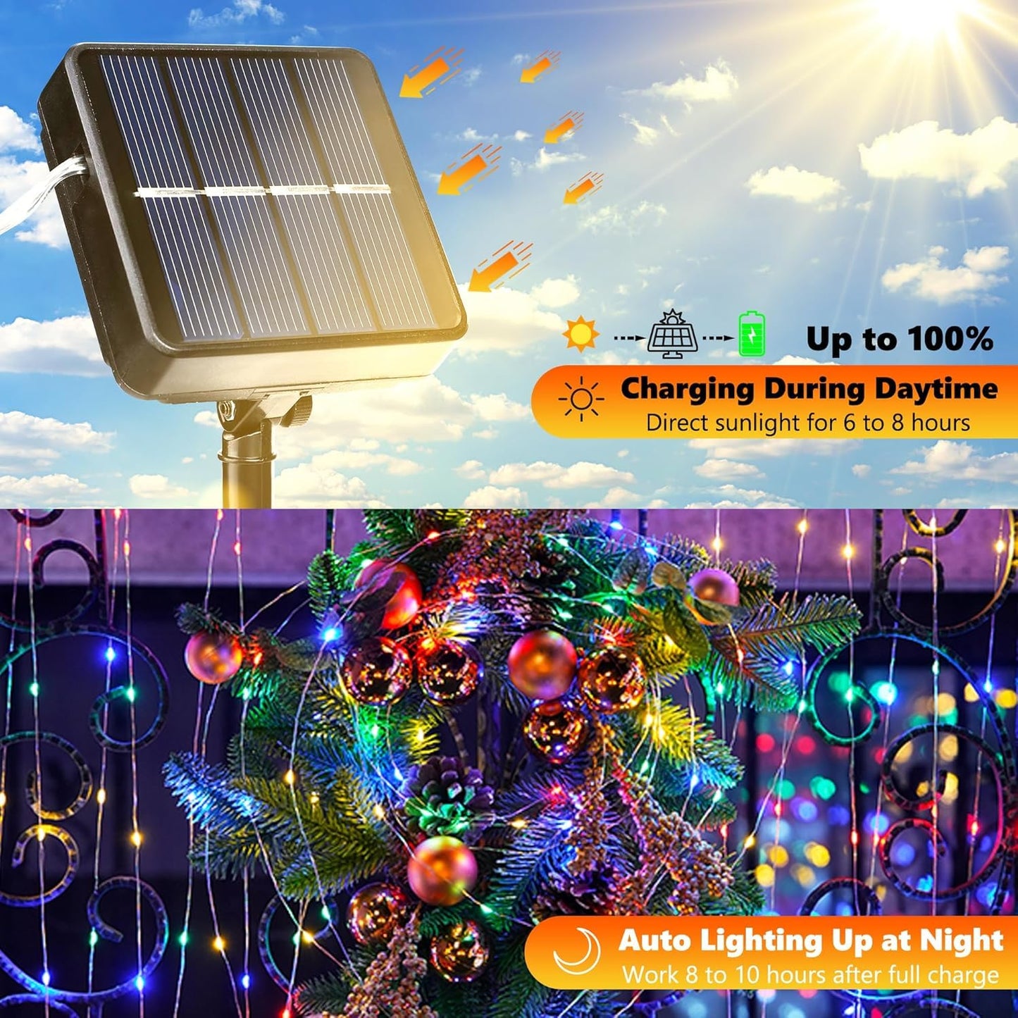 Lomotech Solar String Lights - 66ft 200LED Waterproof Twinkle Lights, 8 Modes, 2 Pack, Multicolor