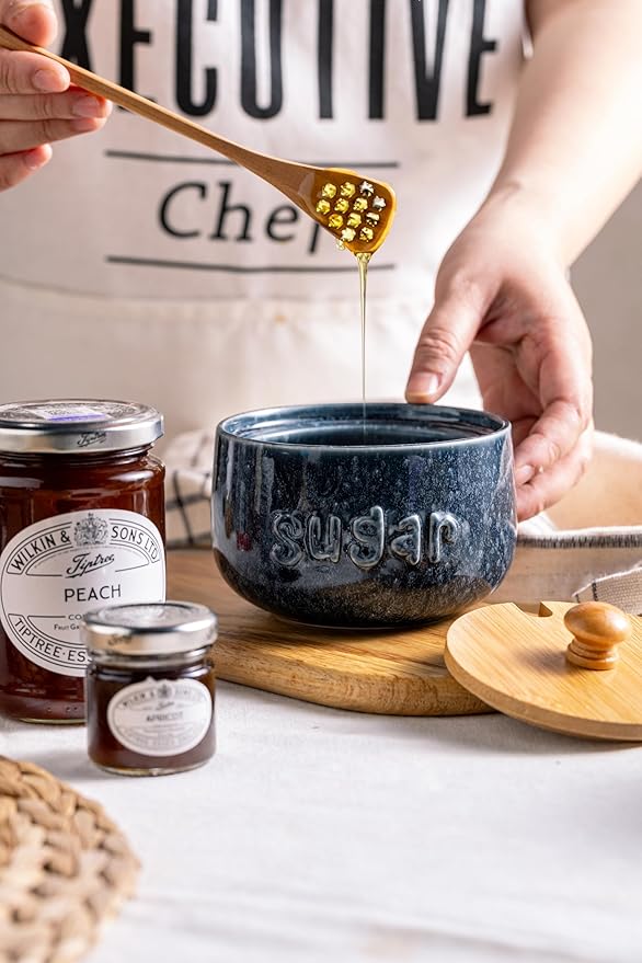 LYEOBOH Sugar Bowl with Lid and Spoon,17 OZ Large Sugar Jar for Countertop, Ceramic Sugar Dish for Coffee Bar, Azucarera for Farmhouse Home and Kitchen - Housewarming Gift, Starry Navy