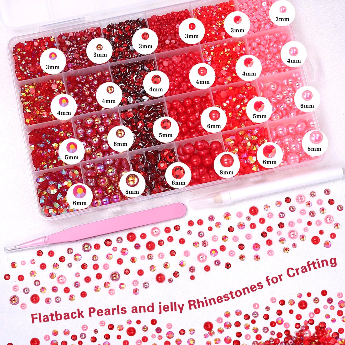 9000 Pcs Red Flatback Pearls and Rhinestones for Crafts, 3/4/5/6mm Jelly Resin Rhinestones, Mixed Size 3/4/6/8mm Half Pearl Beda