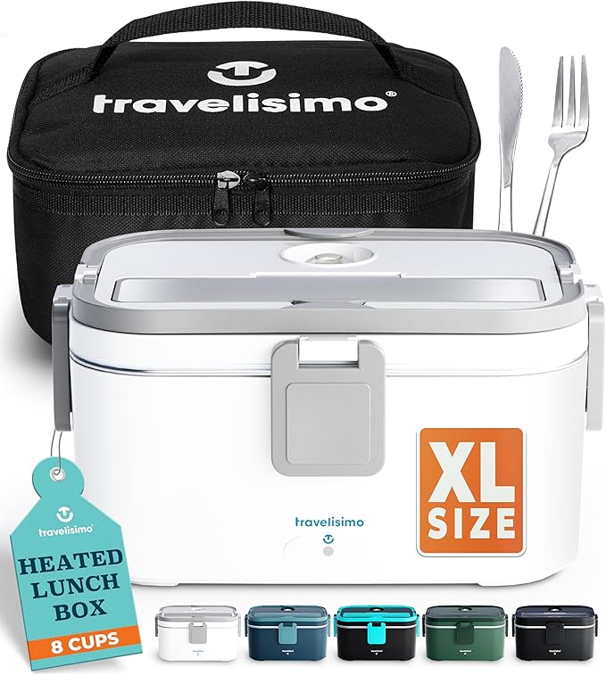 TRAVELISIMO Extra-Large Electric Lunch Box For Adults Holds up to 8 Cups - 80W Heated Lunch Box 1.8L Electric Food Warmers for Travel & Work, Portable Food Warmer - Loncheras Para Hombres De Trabajo