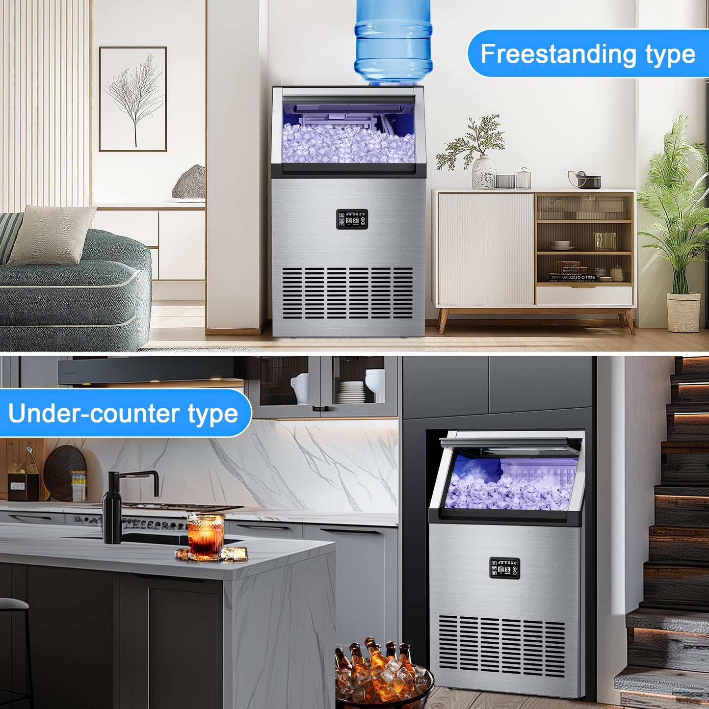 Ice Maker Commercial Ice Maker Machine 200lbs/24H with 34Lbs Storage, Stainless Steel Undercounter/Freestanding Ice Machine 2 Water Inlet Modes 55Ice/Cycle, Self-Cleaning for Homes Restaurants Bars
