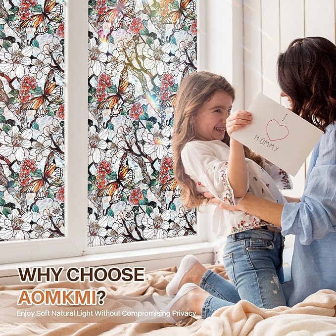 Stained Glass Window Film UV Resistant Window Privacy Film Butterfly Floral Privacy Rainbow Decals Living Room Bedroom Sun Blocking Decor Removable Static Cling Stickers 17 x 39.37 Inch