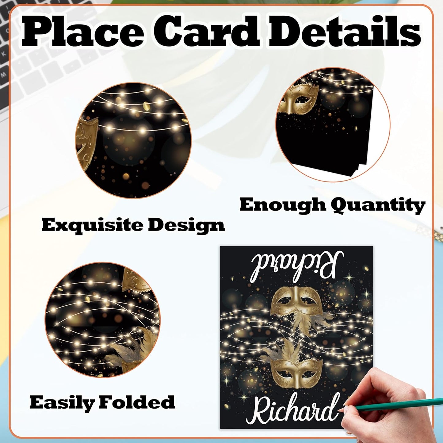 Masquerade Place Cards For Girls, Gold Mask Name Cards For Table Setting, Party Favors Supplies For Bachelor Slumber Sleepover, Venetian Mask Party Decorations, 25 Tent Cards -19