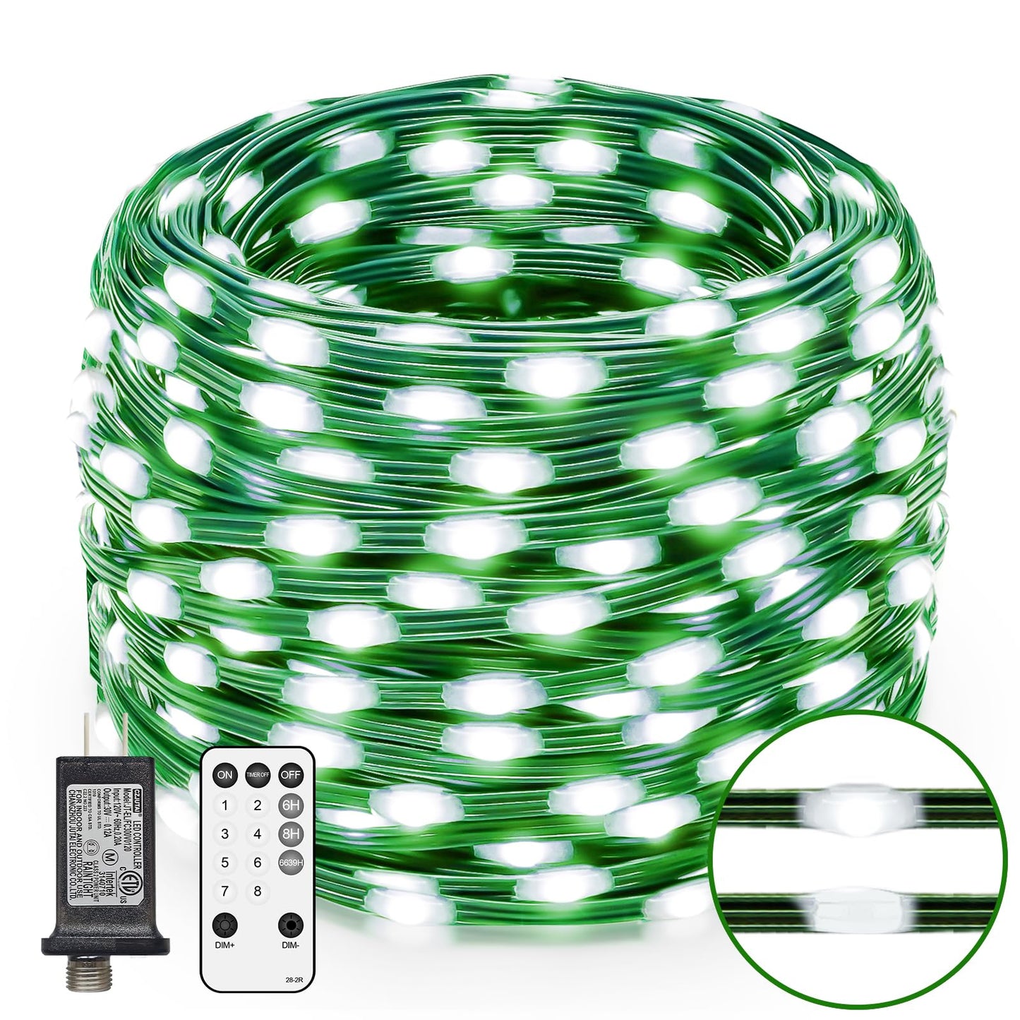 ROADAYLY LED String Lights, 180 LEDs, 59 FT, Cool White, Waterproof Green Wire, Remote Timer, 8 Modes for Outdoor Christmas Decorations