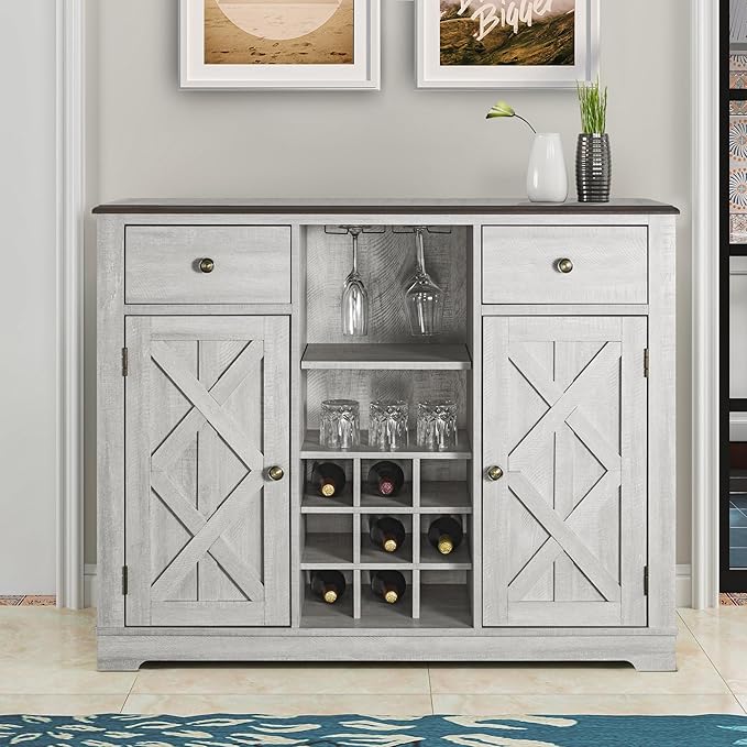 Rustic Wine Cabinet with Wine Rack and Lattice, Sideboard Buffet Cabinet with Drawers, Multifunctional Storage Cabinet for Kitchen, Dining Room, 47 Inch (Off-White)