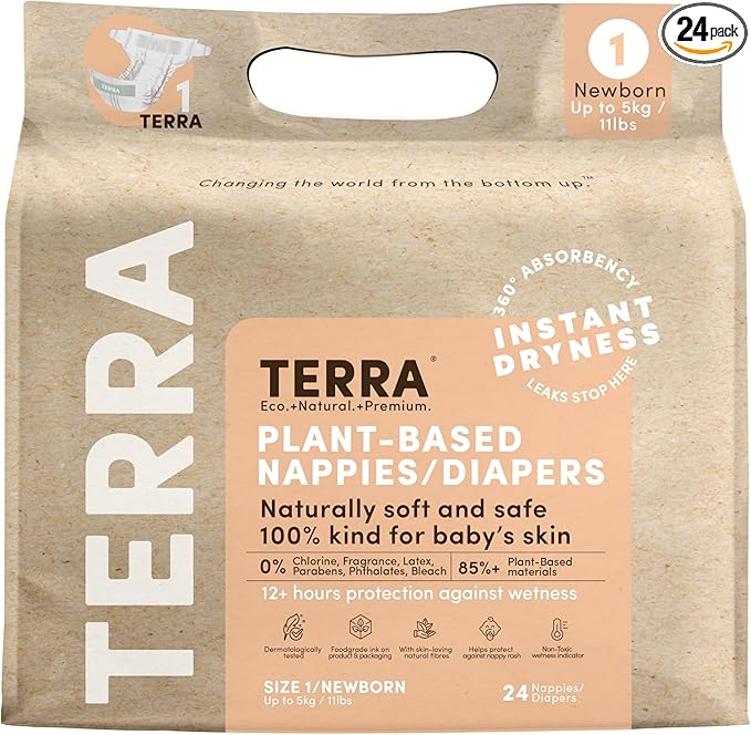 Terra Size 1 Newborn Diapers: 85% Plant-Based Diapers, Ultra-Soft & Chemical-Free for Sensitive Skin, Superior Absorbency for Day or Nighttime Diapers, Designed for Newborns up to 11 Pounds, 24 Count