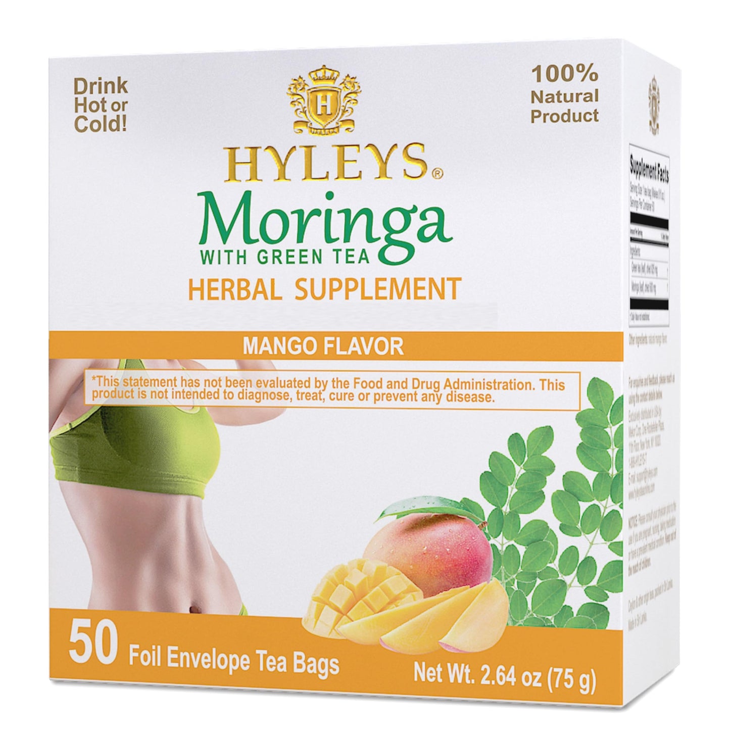 Hyleys Moringa Oleifera and Green Tea Mango Flavor - 50 Tea Bags - Superfood  Tree Tea with Dried Moringa Oleifera Leaves
