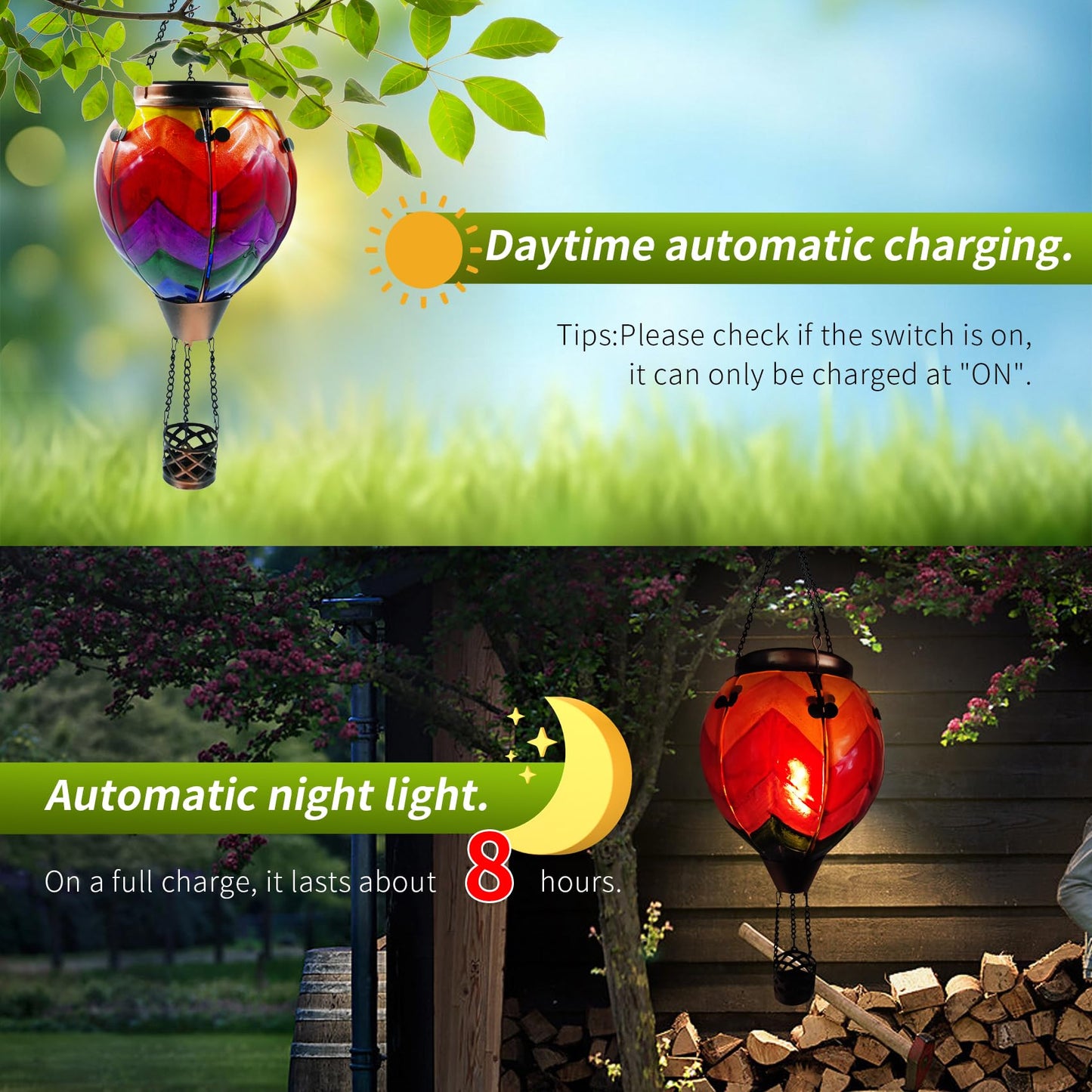 teyigarden Glass Solar Lantern - Wavy-Colorful Hot Air Balloon Flickering Light for Garden, Yard, Patio - Waterproof