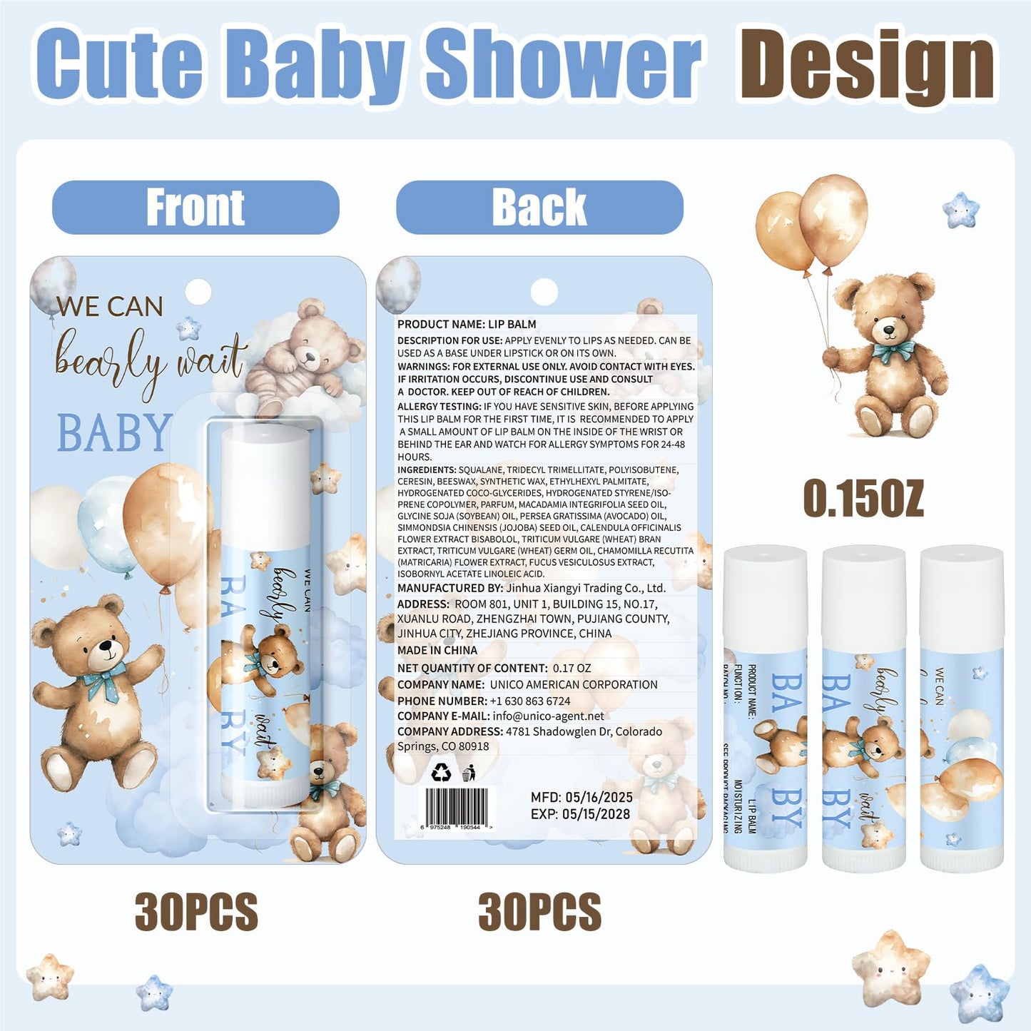30 Pack Blue Bear Baby Shower Games Prizes Gifts Bulk Bear Lip Balms Favors for Winners Boys Girls Gender Reveal Favors Decorati