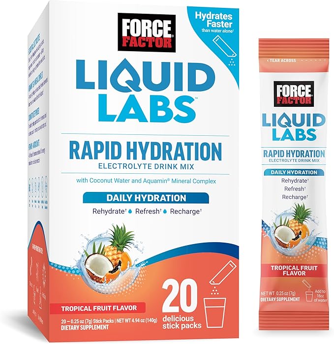 Force Factor Liquid Labs Electrolytes Powder Packets—Tropical Fruit—Hydration Packets to Make Electrolyte Water, with 5 Es...