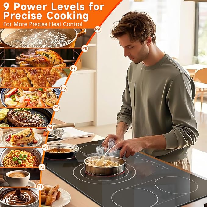 Noxton 36 Inch Electric Cooktop 5 Burners, 9600W Built-in Electric Stove Top, Flexible Bridge & Triple Elements, Pause, Timer, Child Safety Lock,Touch Control Ceramic Cooktop for 220-240V Hard Wire