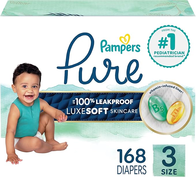 Pampers Pure Protection Baby Diapers, Size 3 (16-28 lbs), 168 Count, Up to 100% Leakproof, Premium Plant-Based Skin Protection, Hypoallergenic Soft Diapers