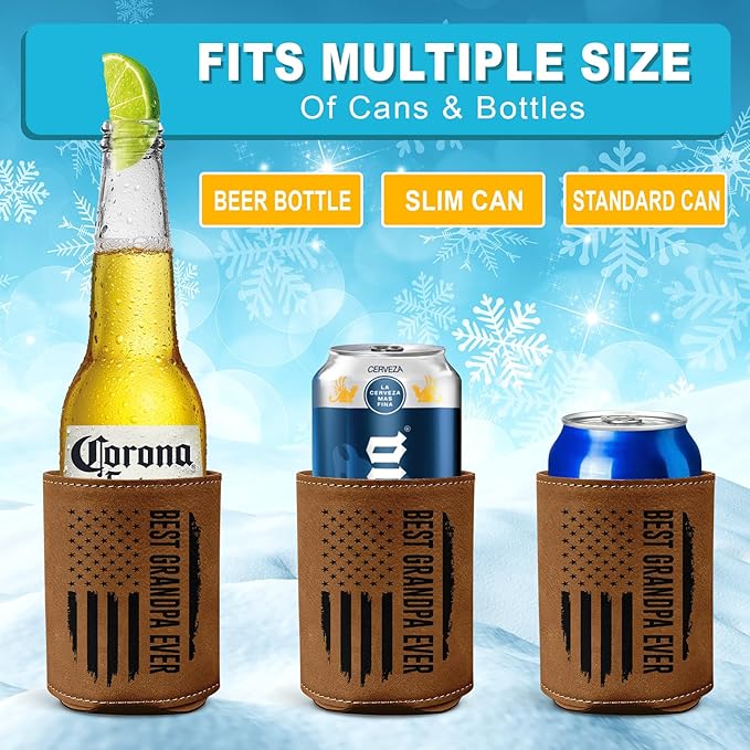 Best Grandpa Ever Gifts - Christmas, Birthday Gift For Grandpa From Granddaughter, Grandson, Kids - 12Oz Fit Collapsible Leather Beer Can Cooler Holder
