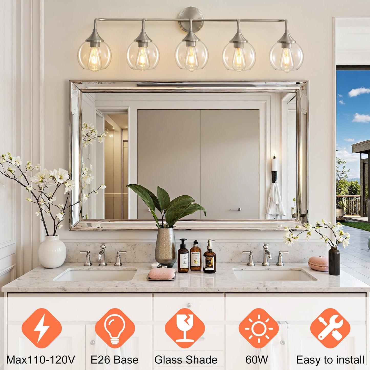 Gednbo Bathroom Vanity Lights With Clear Glass Shade  E26 Base  Vanity Lighting Fixtures Over Mirror  39 Inch Vanity Lights For Bathroom (Exclude E26 Bulb) (Brushed Nickel  5-Lights)