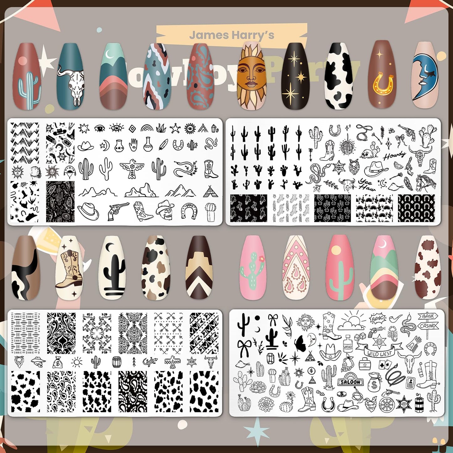JarThenaAMCS 4Pcs Western Nail Plates Stamping Set Cowboy Cowgirl Stamp Templates Nail Art Plates for DIY Print Manicure Salon D