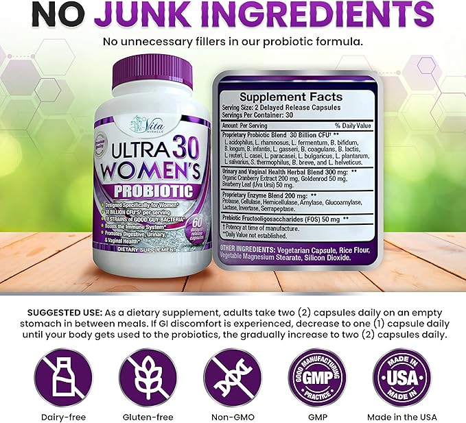 Probiotics For Women With Digestive Enzymes Prebiotics Cranberry & Goldenrod For Vaginal & Gut Health 30 Billion CFU Womens Probiotic Bloating Relief Multi Enzyme Pro PH Balance Vegan Gluten Free 60ct