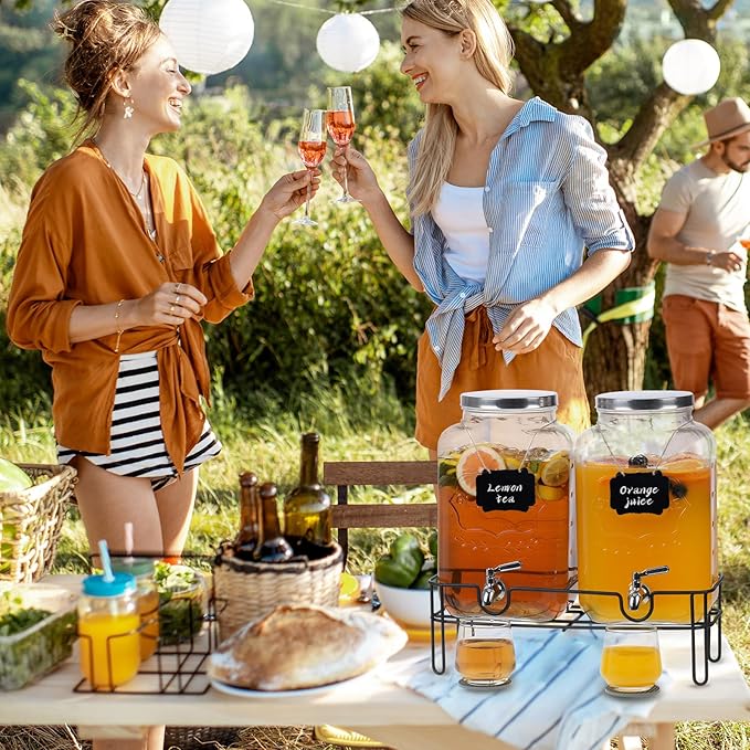 Moretoes 2 Gallon Glass Drinks Dispenser for Parties, 2 PACK Beverage Dispenser with Stand for Juice and Iced Tea, Water Jug Dispenser for Lemonade, Party Essential Beverage Pitcher with Spout