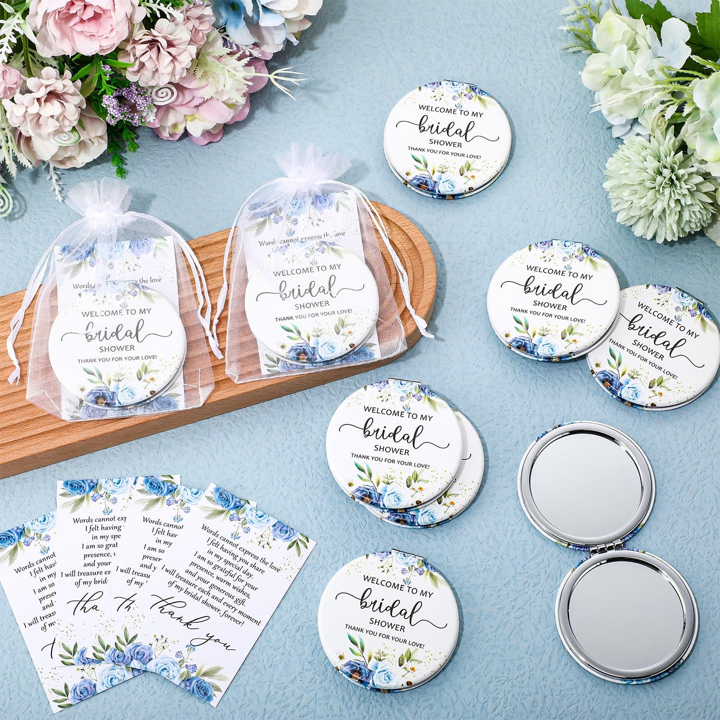 XunYee 30 Sets Bridal Shower Favors for Guests Flower Design Makeup Mirrors Leather Compact Mirrors Bridal Thank You Cards with