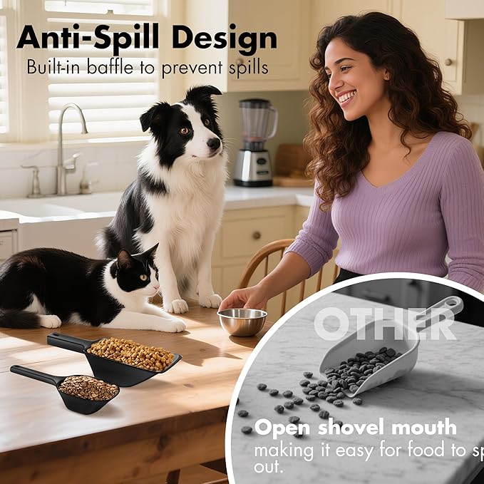 Food Scoop 2 PACK,2 Cup Capacity Dog Food Scoop With Measuring Lines For Dog, Puppy and Cat Coffee Bean Flour Scoop (Small & Large Black)