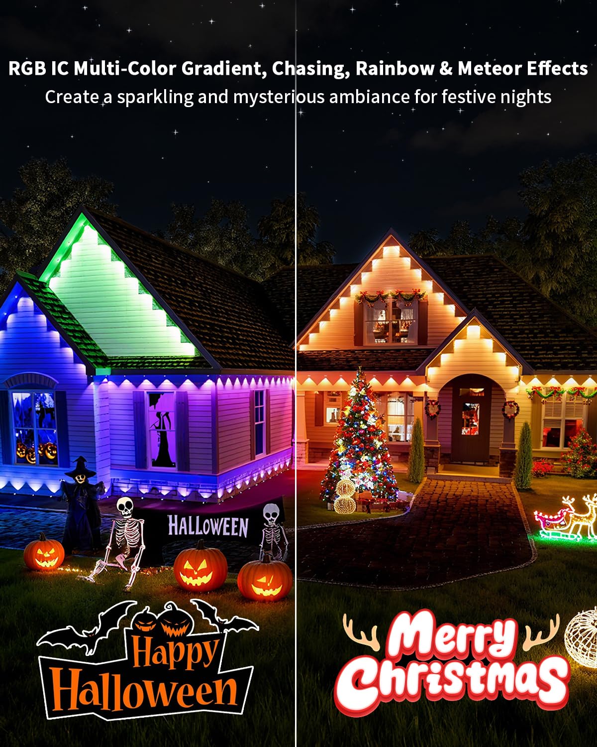 MIMIRGB Outdoor LED Lights, 50ft RGB Smart Eave Light, IP67 Waterproof, Remote/App Control, Black, Model JG-001W-10