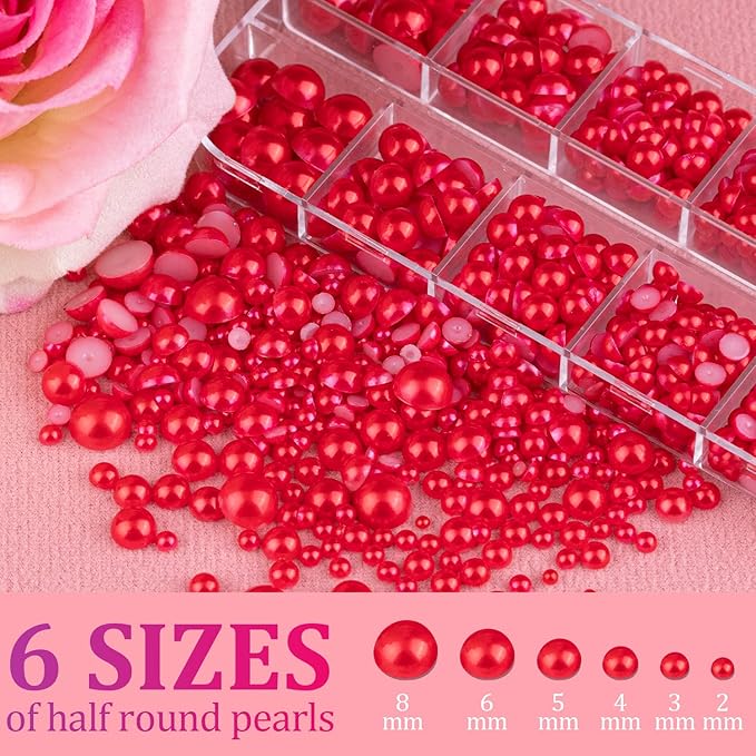 Belleboost Flat Back Pearls Kits 2 Boxes of Flatback Red Half Round Pearls with Pickup Pencil and Tweezer for Home DIY and Professional Nail Art, Face Makeup and Craft