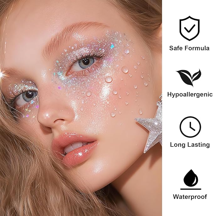 Face Body Glitter Set for Women and Kids, Silver Pink Gold Holographic Mermaid Sequins Chunky Glitter Makeup for Prom, Music Festival Rave Accessories, Mardi Gras, Halloween Themed Party