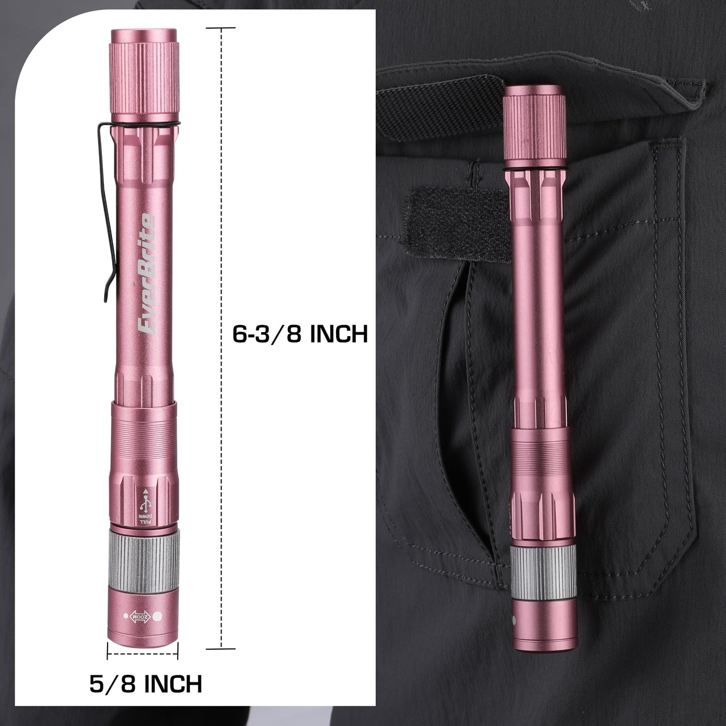 Everbrite Pen Light  Rechargeable Pen Flashlights  300 Lumens Zoomable Led Small Flashlight With Clip  Memory Function  Usb-C Cable Included  Pocket Size For Camping  Emergency  Mechanic  Pink