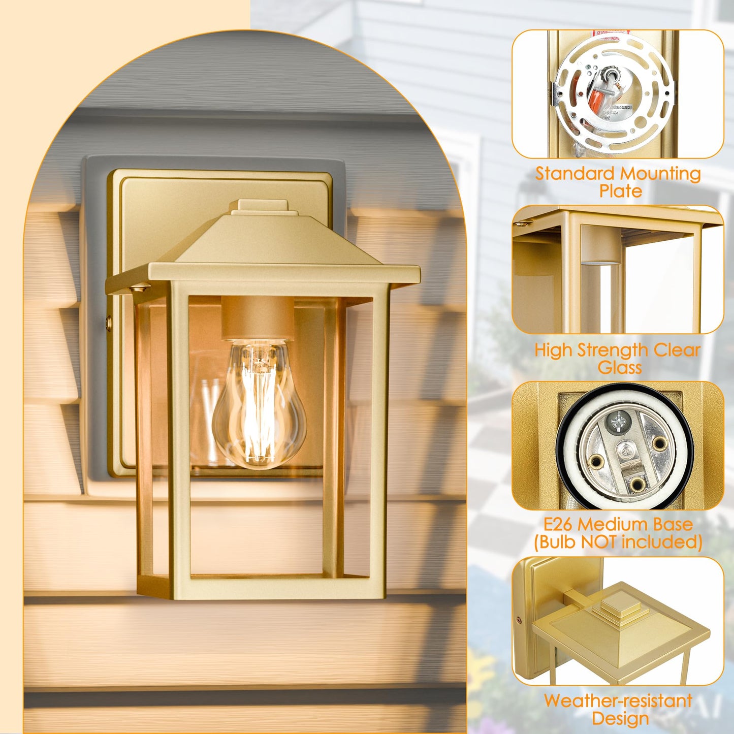 Matameye Outdoor Wall Lantern  Exterior Waterproof Wall Sconce Light Fixture  Gold Front Door Mounted Lighting With Glass  Anti-Rust Porch Lamp