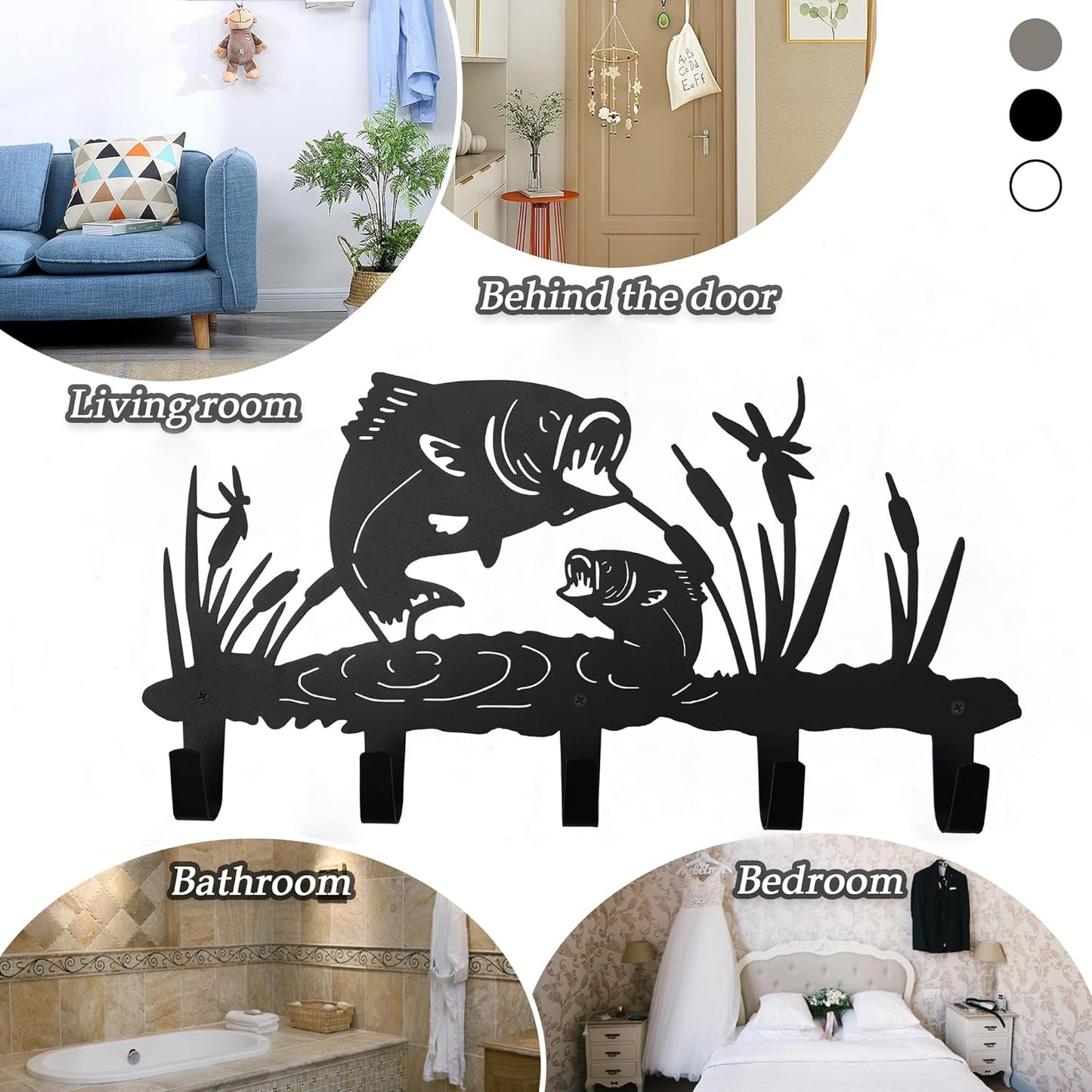 Metal Fish Coat Hooks Wall Art Decor-Fish Hangers and Key Holder-Clothes Rack and Backpack Hanger-Animal Theme Hooks Sweet Home Decor for Storage, Living Room, Hallway, Office (Black)