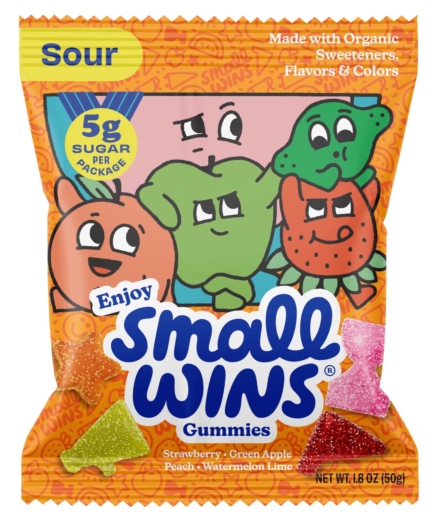 Small Wins Classic Gummies, Sour Fruit Flavored, Plant Based, Organic, All Natural Colors and Sweeteners, Vegan, Low Sugar (5g),