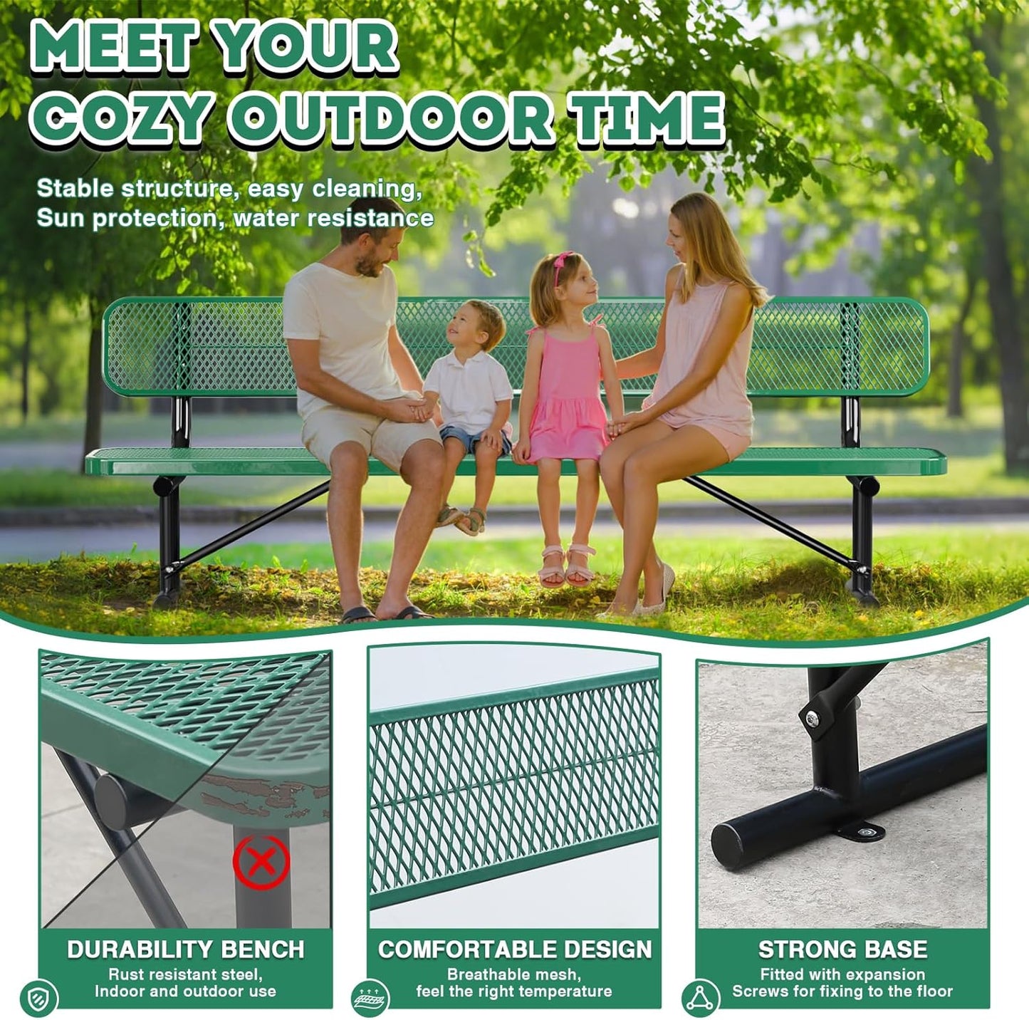 Outdoor Garden Bench, Cast Iron Metal Frame Patio Park Bench with Backrest, Portable Expanded Metal Black Bench, Commercial-Grade Outdoor Seating for Lawn, Patio, Park, Yard, Garden (Green, 8FT/96'')