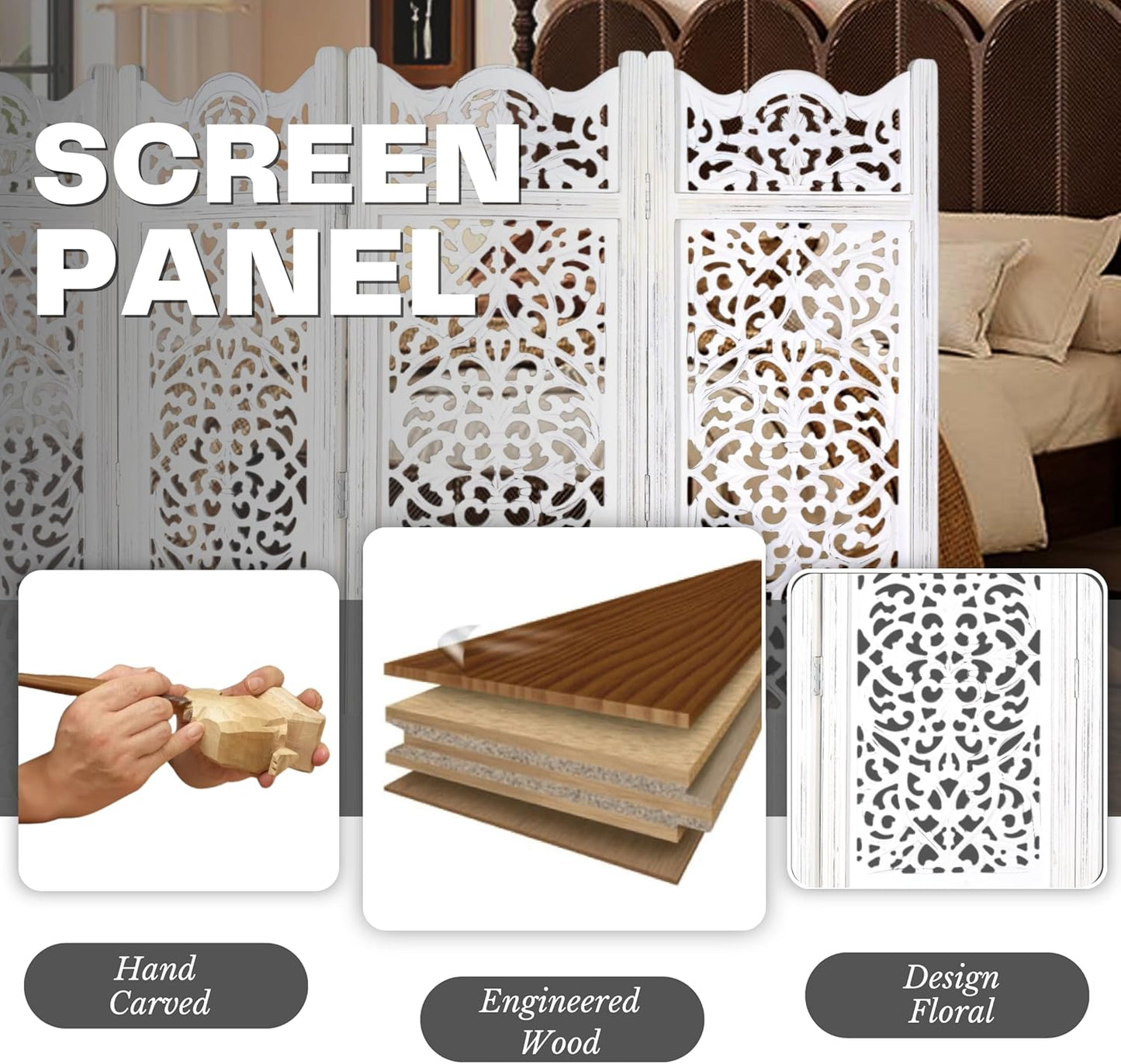 Room Divider Wood Screen Panel – Antique White, 4-Panel Folding 64"x48", Hand-Carved, Reversible Privacy Partition, Decorative & Functional Portable Room Divider for Home or Office