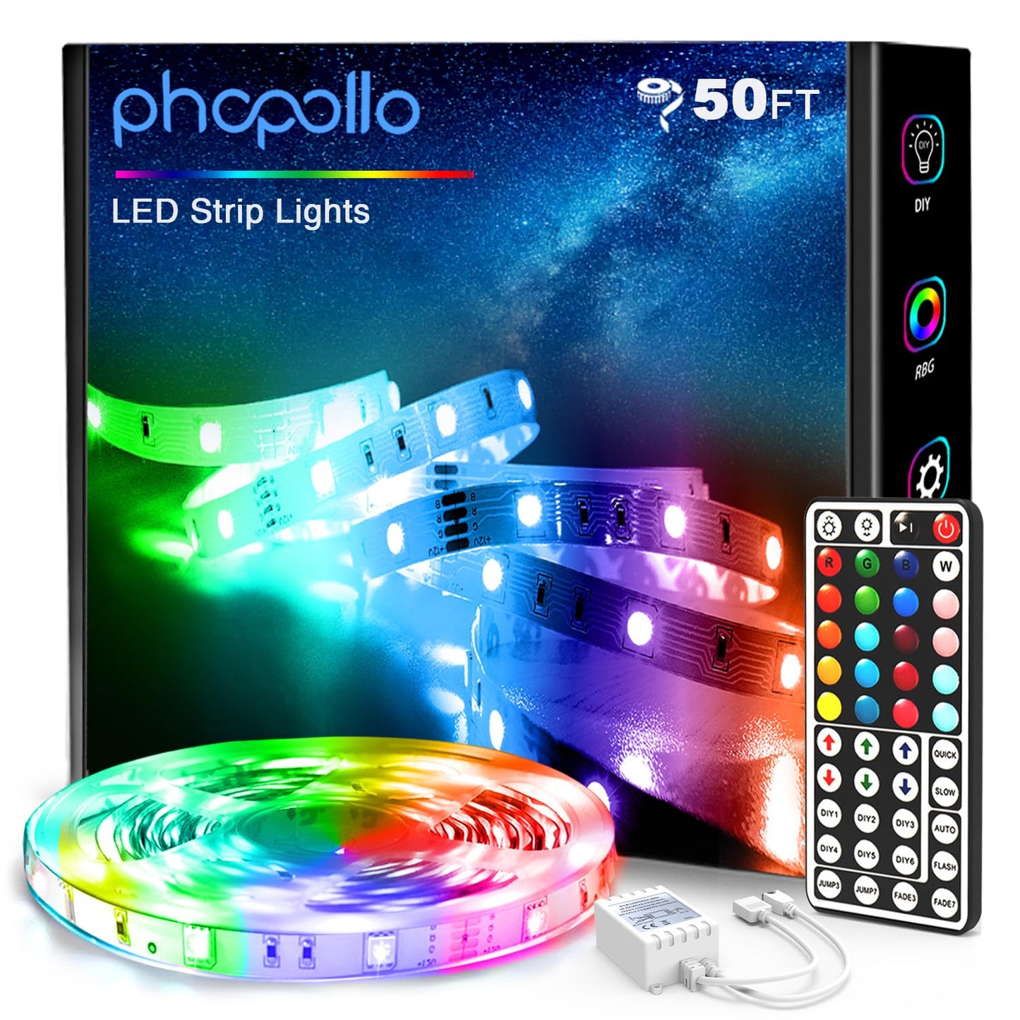 Phopollo Led Strip Lights 50Ft, Multicolor 5050 With Ir Remote & 12V Power Supply - Model Ph49Rgb53Wus
